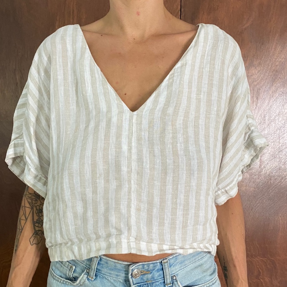 Linen tan and white striped top